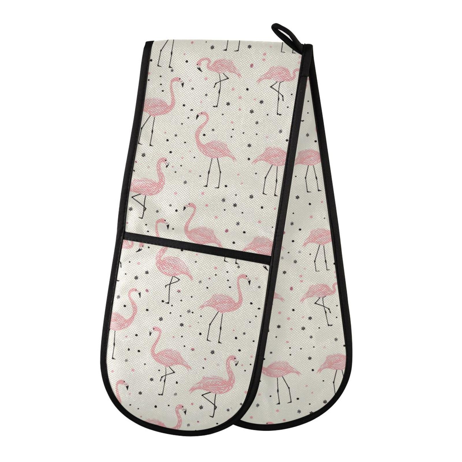 Double Oven Gloves Pink Flamingo Seamless Heat Resistant Pot Holder Oven Mitt Gloves for BBQ Cooking Baking Grilling Microwave