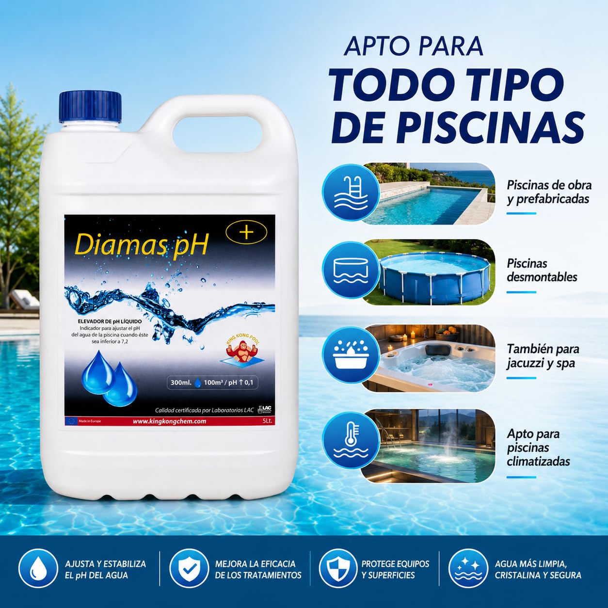 Incrementador de pH Concentrado para Piscinas DIAMAS PH 5 litros - Aumenta el pH del Agua – Formato Líquido