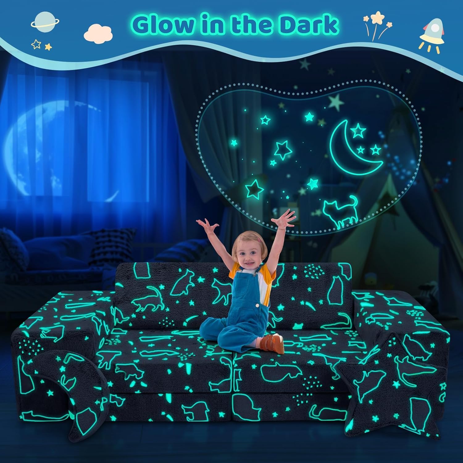 Divano gioco modulare in schiuma per bambini, composto da 10 pezzi, conforme alle Con effetto luminoso (Divano per bambini - Set da 9 pezzi - Colore luminoso)