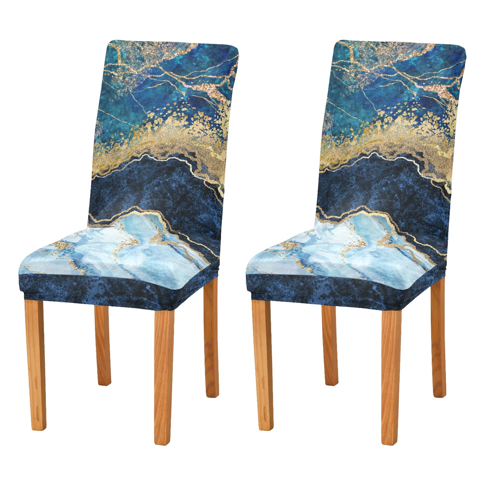 Poeticcity Multi 12 Blue Marble With Gold Veins Stone Texture Golden Foil Marbling Dining Chair Slipcovers, 2 Packs Stretch Chair Cover Removable Washable Seat Protector Universal Fit For Home Kitchen Dining