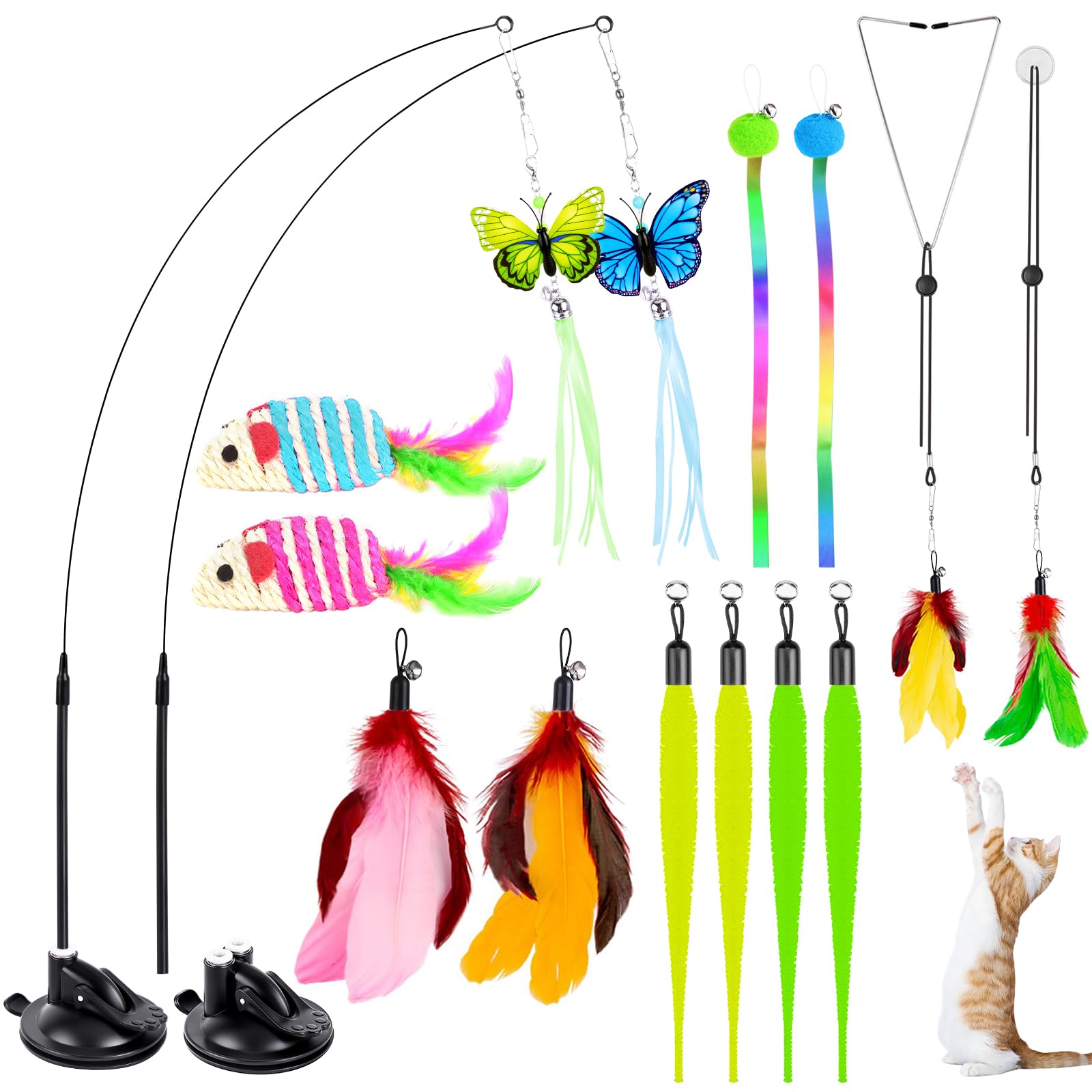 HONGDDY Cat Toys, 14Pcs 4 in 1 Indoor Adult Cat Interactive Toys, Hanging Door Kitten Wand with Suction Cup Removable Feathers Balls Mice Butterfly Streamers
