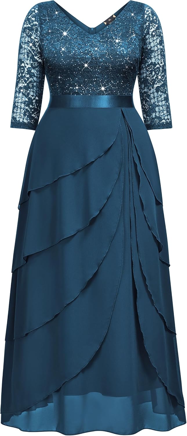 MISSMAY Women's Plus Size Sequins Lace Ruffle Tiered Layered Chiffon Formal Maxi Dress - Image 5