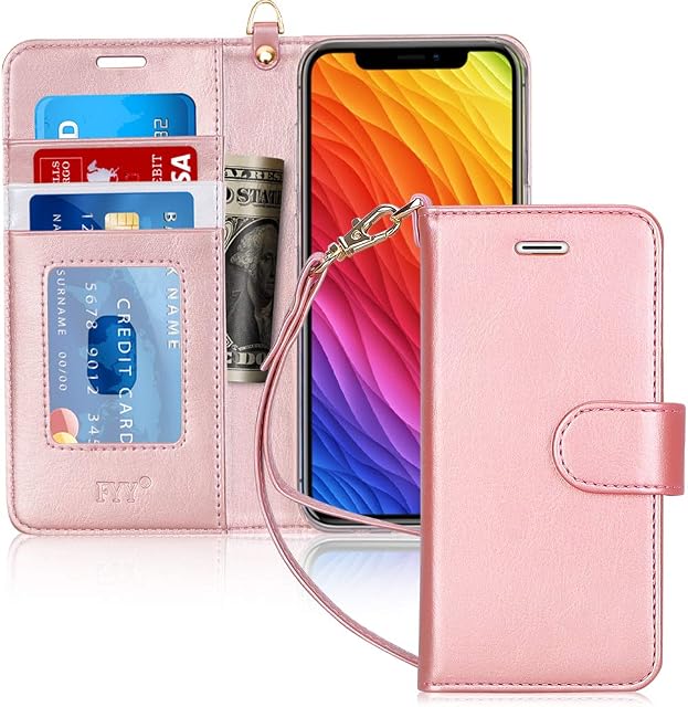 Fyy iPhone XR Case, Flip Leather Wallet Phone Case Protective Shockproof Cover with [Card Holder][Kickstand Function] for Apple iPhone XR 6.1" (2018) Rose Gold