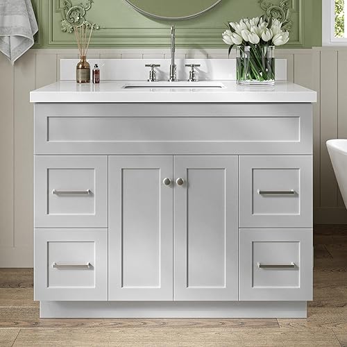ARIEL Tocador de baño gris de 43 pulgadas, encimera y salpicaduras de cuarzo blanco puro con borde de 1.5 pulgadas, fregadero rectangular, 2 puertas