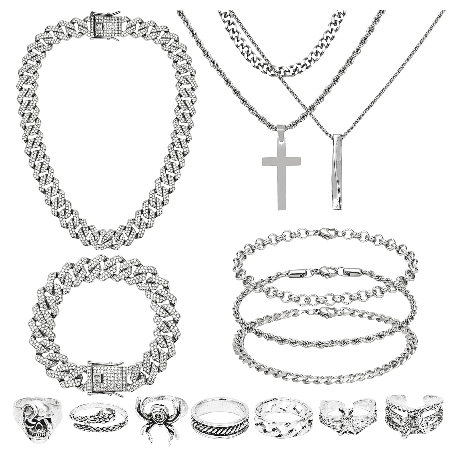 NEWITIN 15 Pieces Silver Jewelry Set for Men Stainless Steel Cuban Link Necklace Bracelet Cross Pendant Necklace Vintage