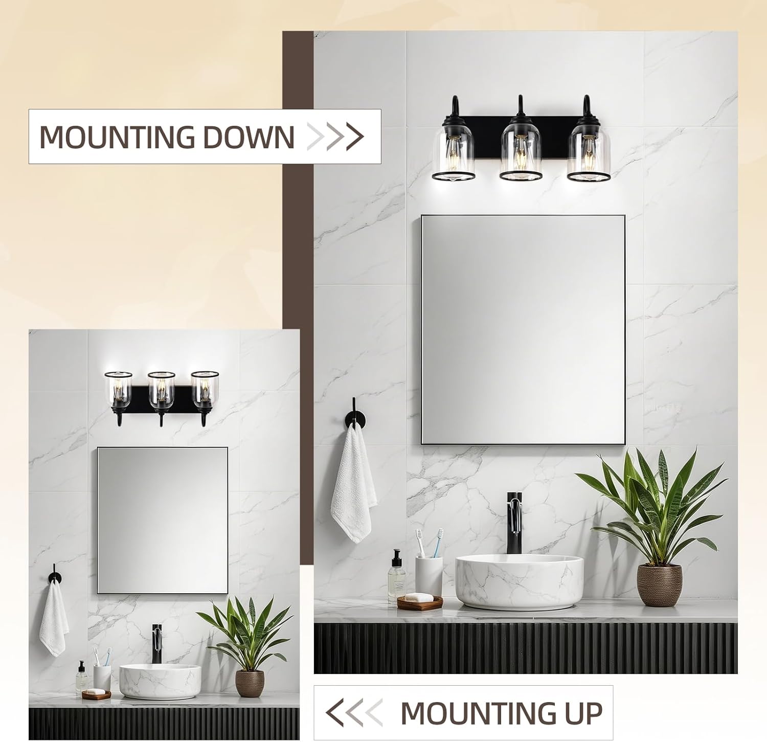 LIROUVET Morden Bathroom Vanity Light Fixtures,3-Light Black Bathroom Lighting Over Mirror，Clear Glass Shades Vanity Light Above Mirror (Bulb not Include)