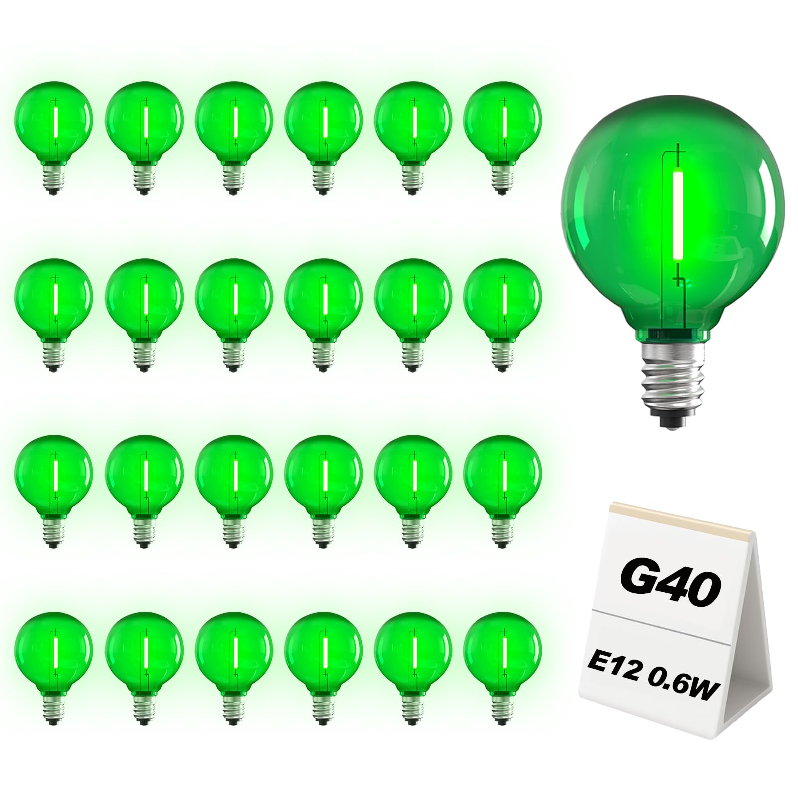 25 Pack Green G40 LED Bulbs, Commercial Grade E12 Base Replacement Bulbs for Outdoor Patio String Lights - 0.6W LED Globe Light Bulb (5W Equiv), Shatterproof Plastic for Holiday & Events (120V)