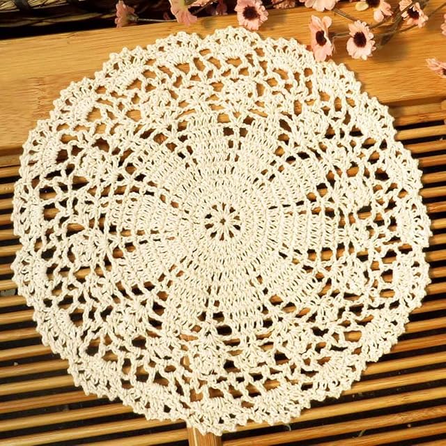 kilofly Crochet Cotton Lace Table Placemats Doilies Value Pack, 4pc, Persia, Beige, 10 inch