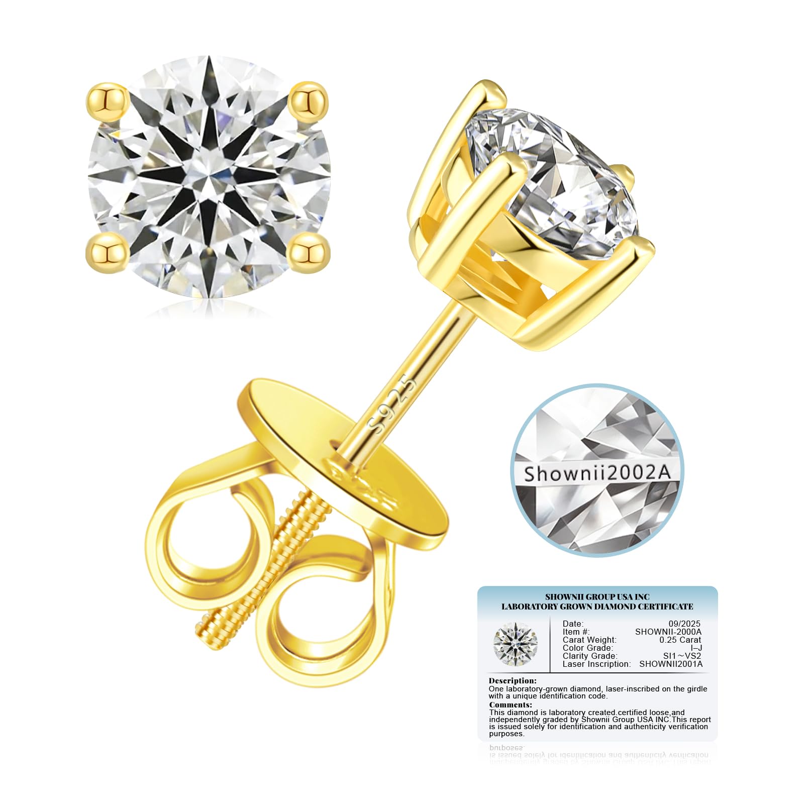 SHOWNII Diamond 4-Prong Lab-Grown Diamond Stud Earrings for Women 0 5CT 1CT 14K Gold Plated S925 Sterling Silver
