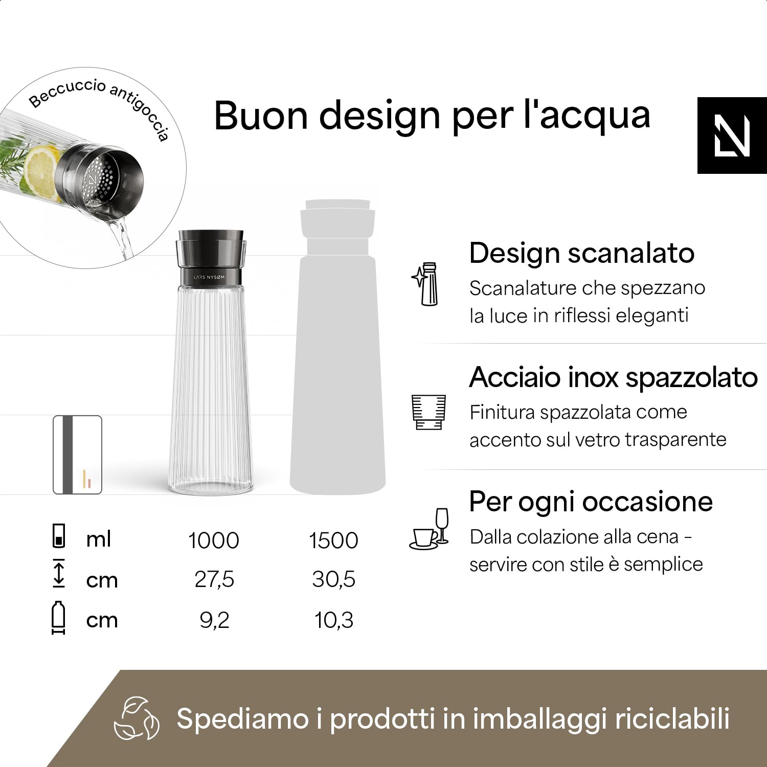 LARS NYSØM Caraffa per l’Acqua 1l con Coperchio in Acciaio Inox e Filtro Integrato | Elegante Caraffa in Vetro per Succo, Tè, Limonata | Brocca per Uso Quotidiano & Ospiti