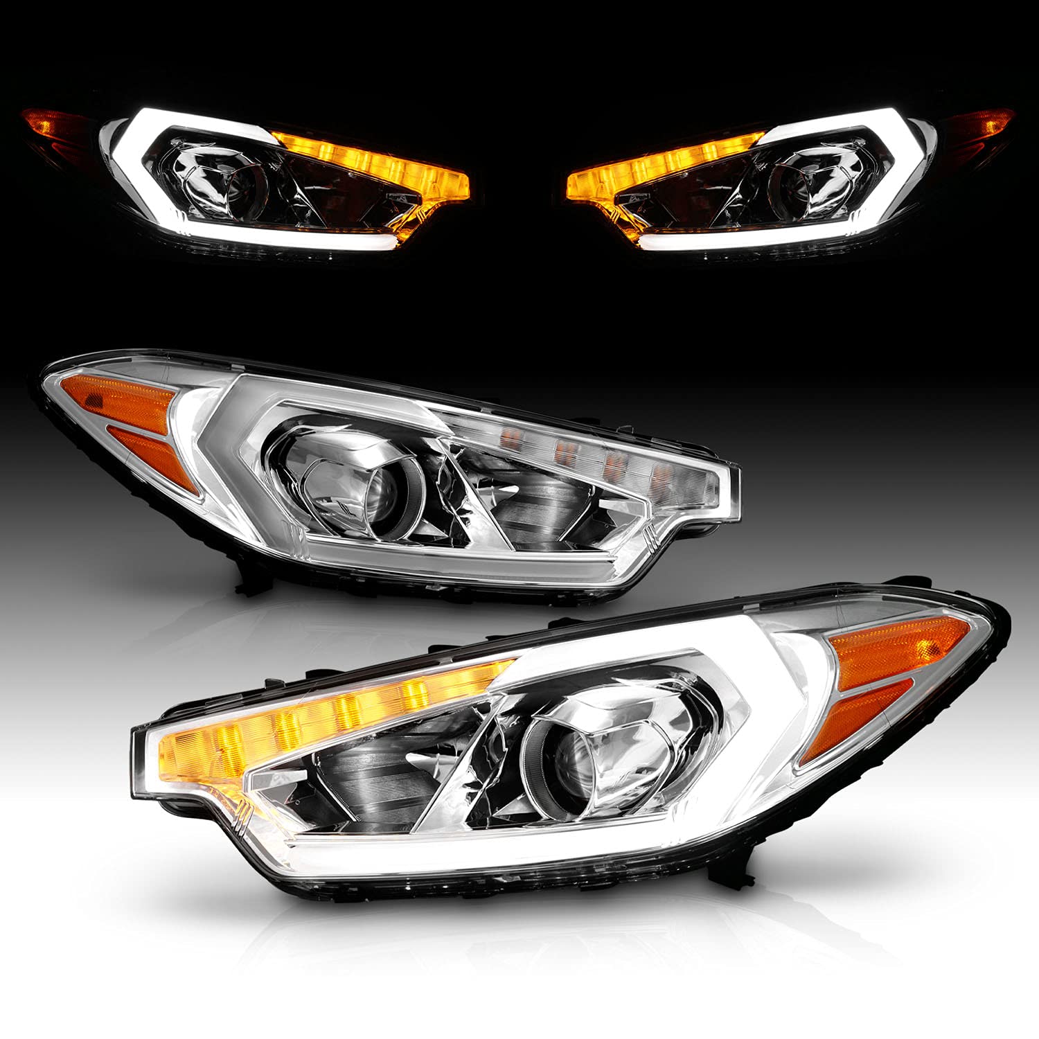 AmeriLite for 2014-2016 Kia Forte w/o LED Position Models Projector Light Tube Chrome Replacement Headlights Assembly Pair - Driver and Passenger Side
