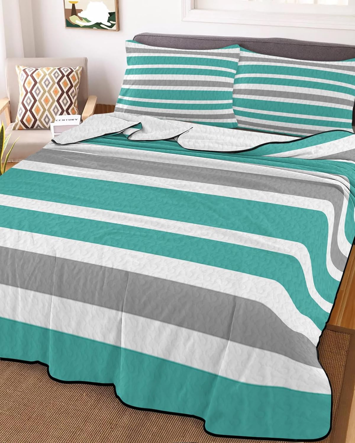 King Size Quilt Set, Art Stripes Teal White Grey Lines Lightweight Bedspread Coverlet Set Soft Microfiber Summer Quilt with 2 Pillow Shams, Classic Theme 3 Piece Comforter Bedding Set