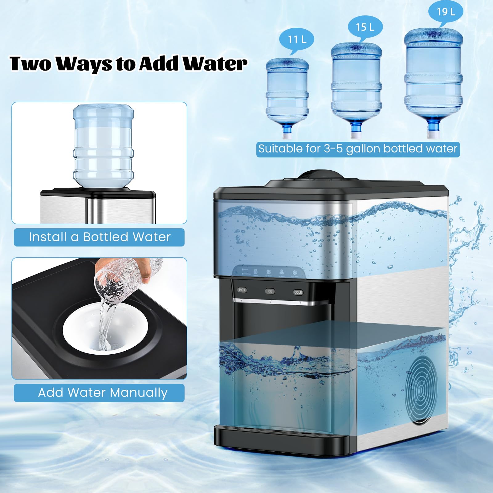 SOARS Machine A Glacons 3 en 1, Distributeur Eau Froide & Chaude, Réservoir d'Eau de 3L, Fabrication Glace 19KG/24H, Refroidissement par Compresseur pour Maison, Bureau