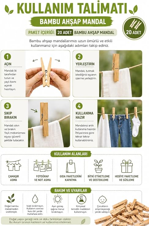 20 Adet Bambu Ahşap Mandal Doğal Çamaşır Mandalı BPA İçermez Çok Amaçlı Dekoratif Hobi ve Paketleme Kullanımı