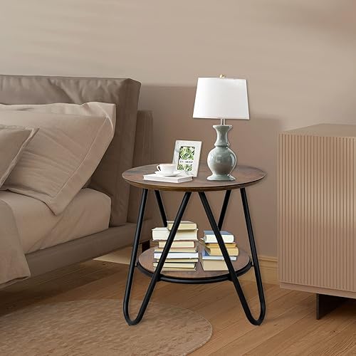 Miniatura 7 de Babion Mesa auxiliar redonda de 2 niveles mesa auxiliar pequeña con patas de metal mesa lateral de madera industrial con estante de almacenamiento