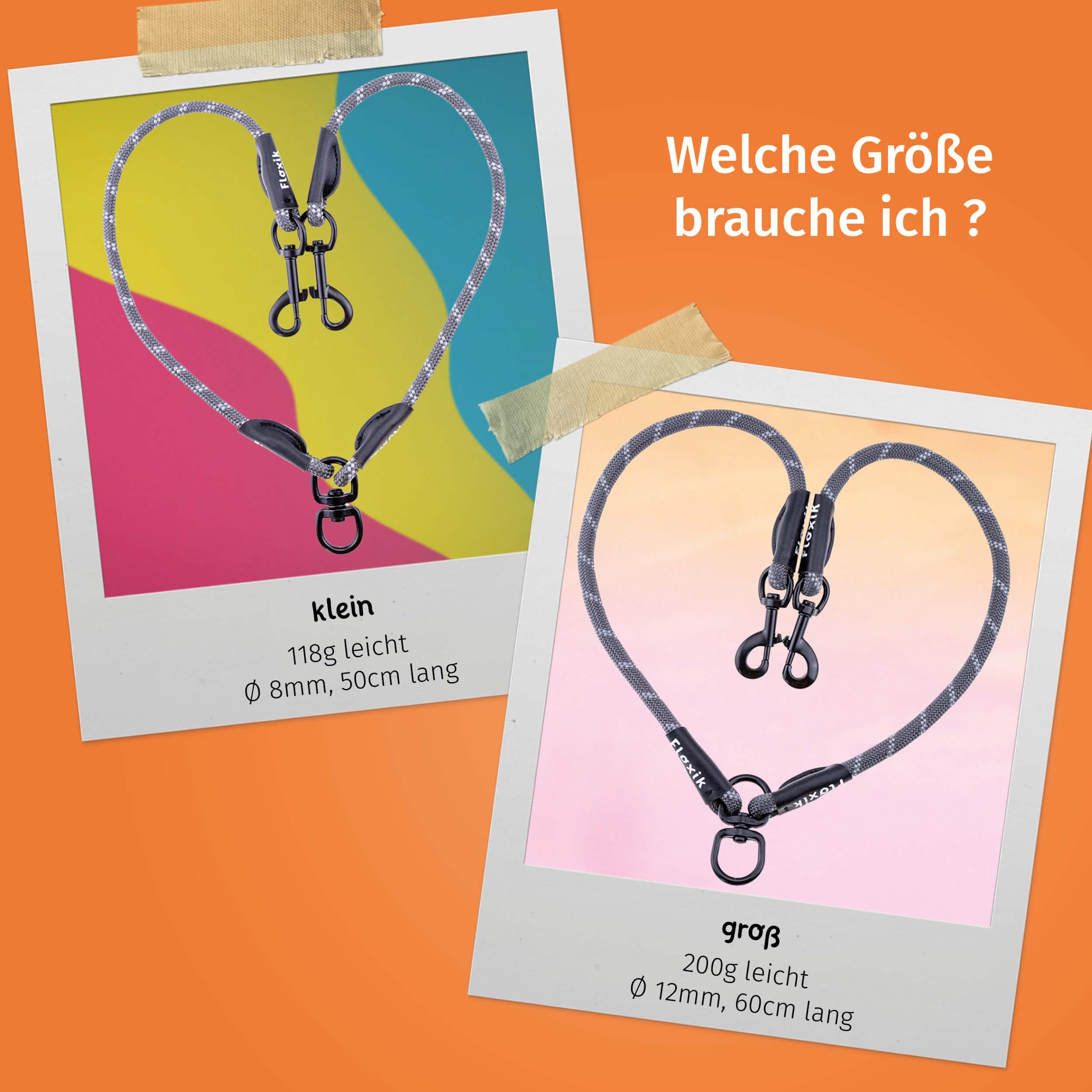 Floxik Tau Doppelleine für 2 Hunde grau/orange - reflektierend, dehnbar und verhedderungsfrei – Doppelte Hundeleine zum Koppeln - perfekt für kleine bis mittelgroße Hunde