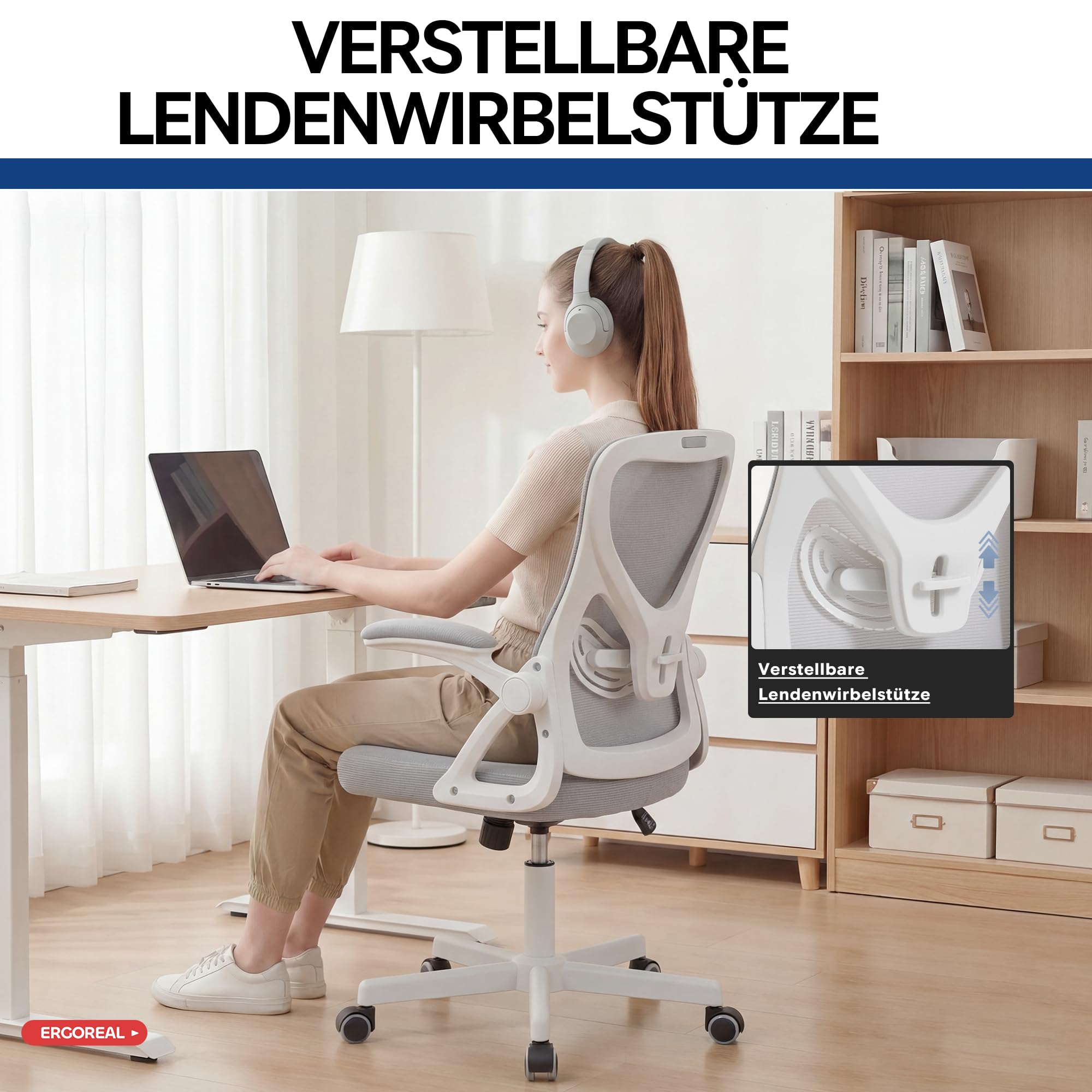 Bürostuhl ergonomisch – Schreibtischstuhl Netz, Lendenstütze 150kg | Klappbare Armlehnen, verstellbare Lendenstütze, 90-110° Rückenlehne, höhenverstellbar, leise Rollen, Homeoffice & Büro