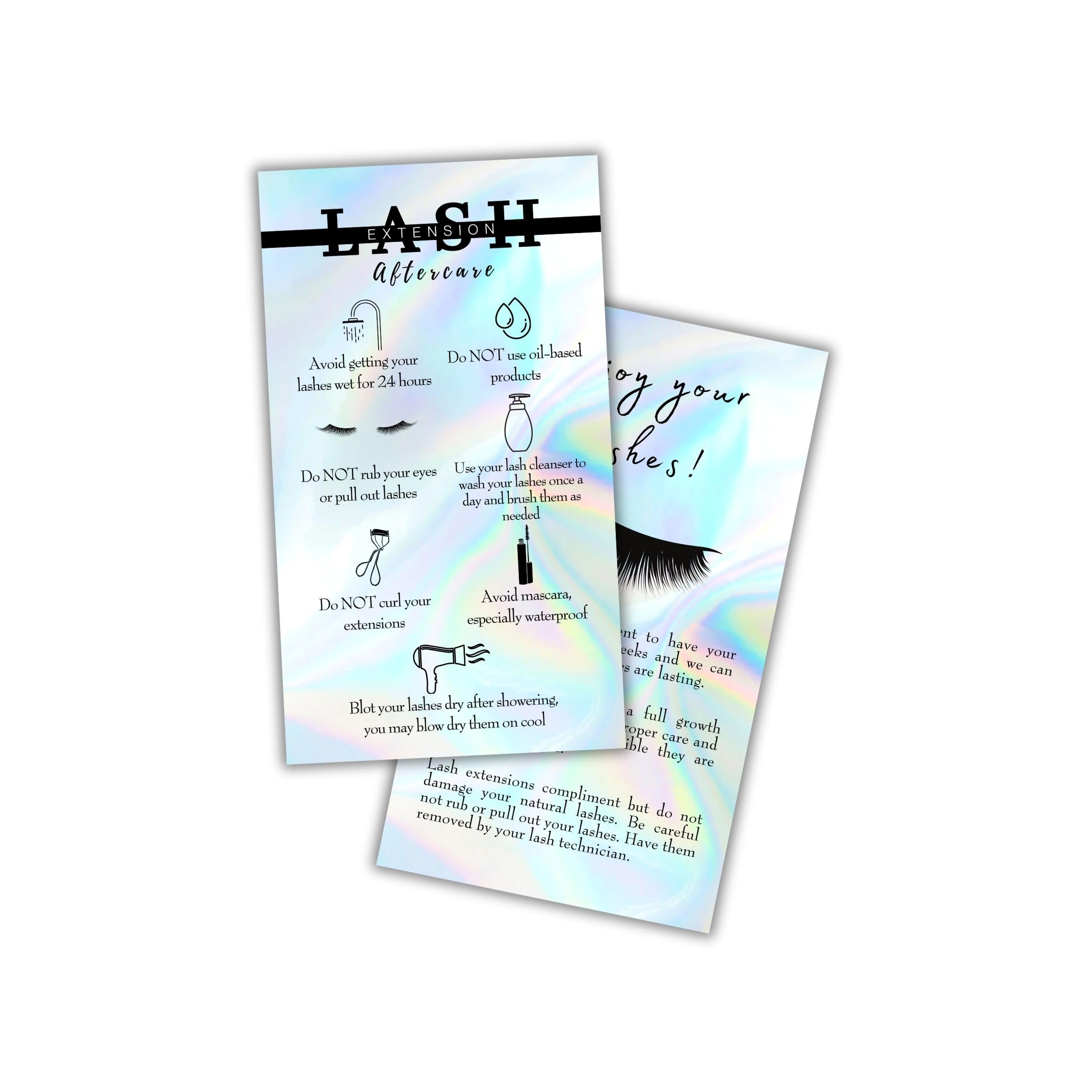 Boutique Marketing LLC Lash Extension Aftercare Instructions Cards | 50 Pack | Double Sided Size 3.5 x 2" inches | ed Lashes Holographic Look with Large Lash Design-image-49
