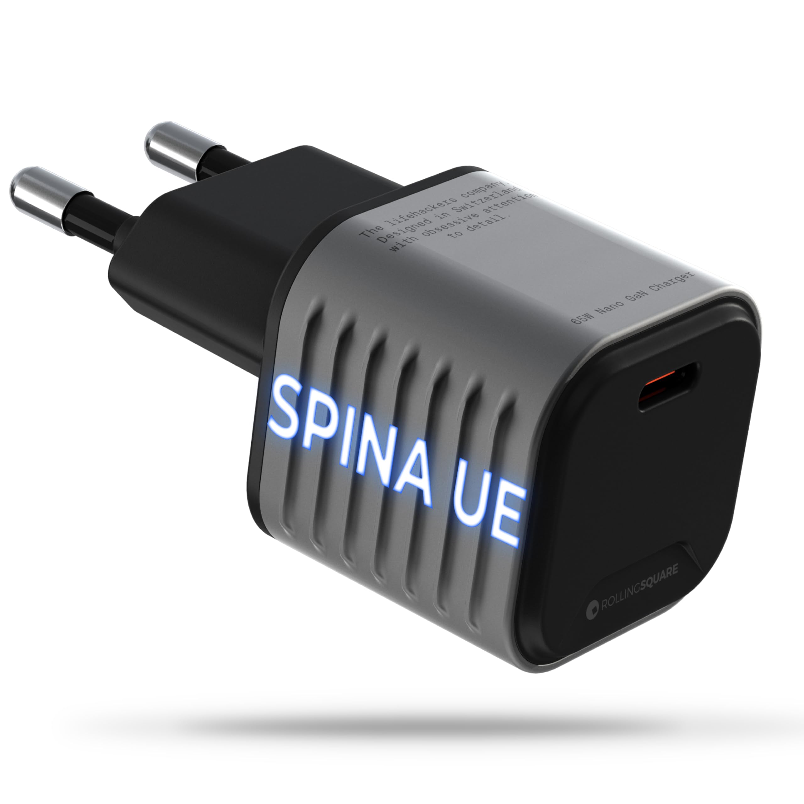 Rolling Square Supertiny - 65W GaN Charger, Alimentatore USB C ad Alta Velocità con Prese EU, Caricatore da Viaggio Ultra Compatto per Cellulari, Computer, Tablets e Dispositivi USB-C