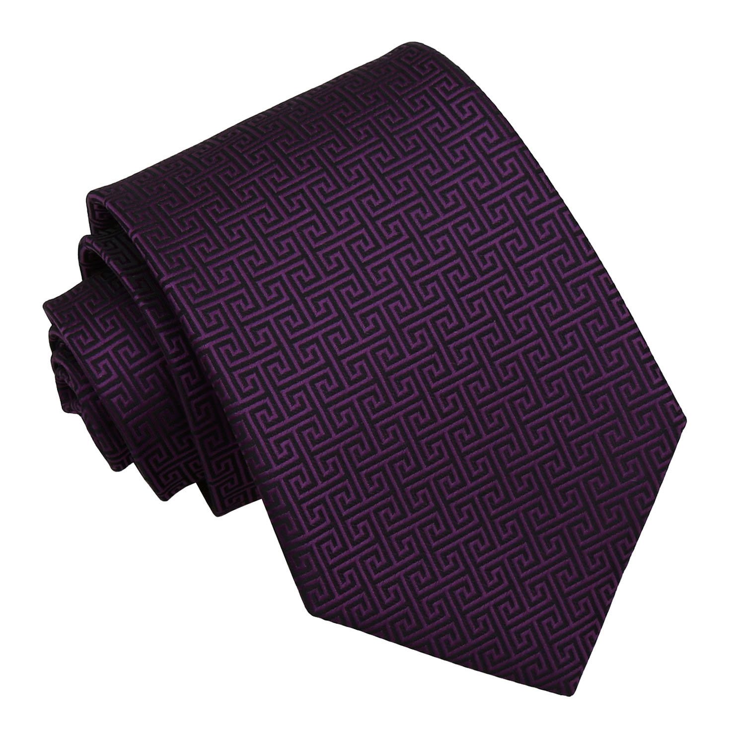 DQT Mens Greek Key Jacquard Tie - 9cm Classic Width Necktie - Wedding, Business & Formal - Cadbury Purple