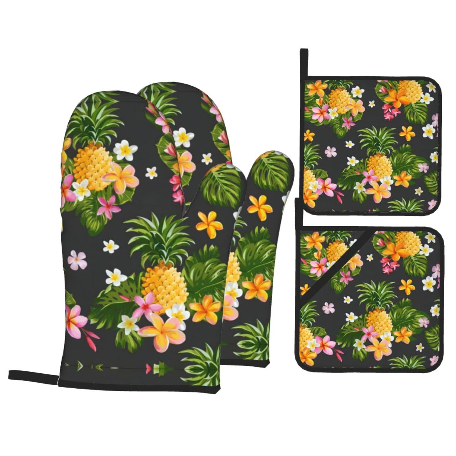 Tropical Pineapple Hawaiian Printed Baking 4-Piece Set, includes oven mitts and a heat-resistant mat, suitable for oven and BBQ use