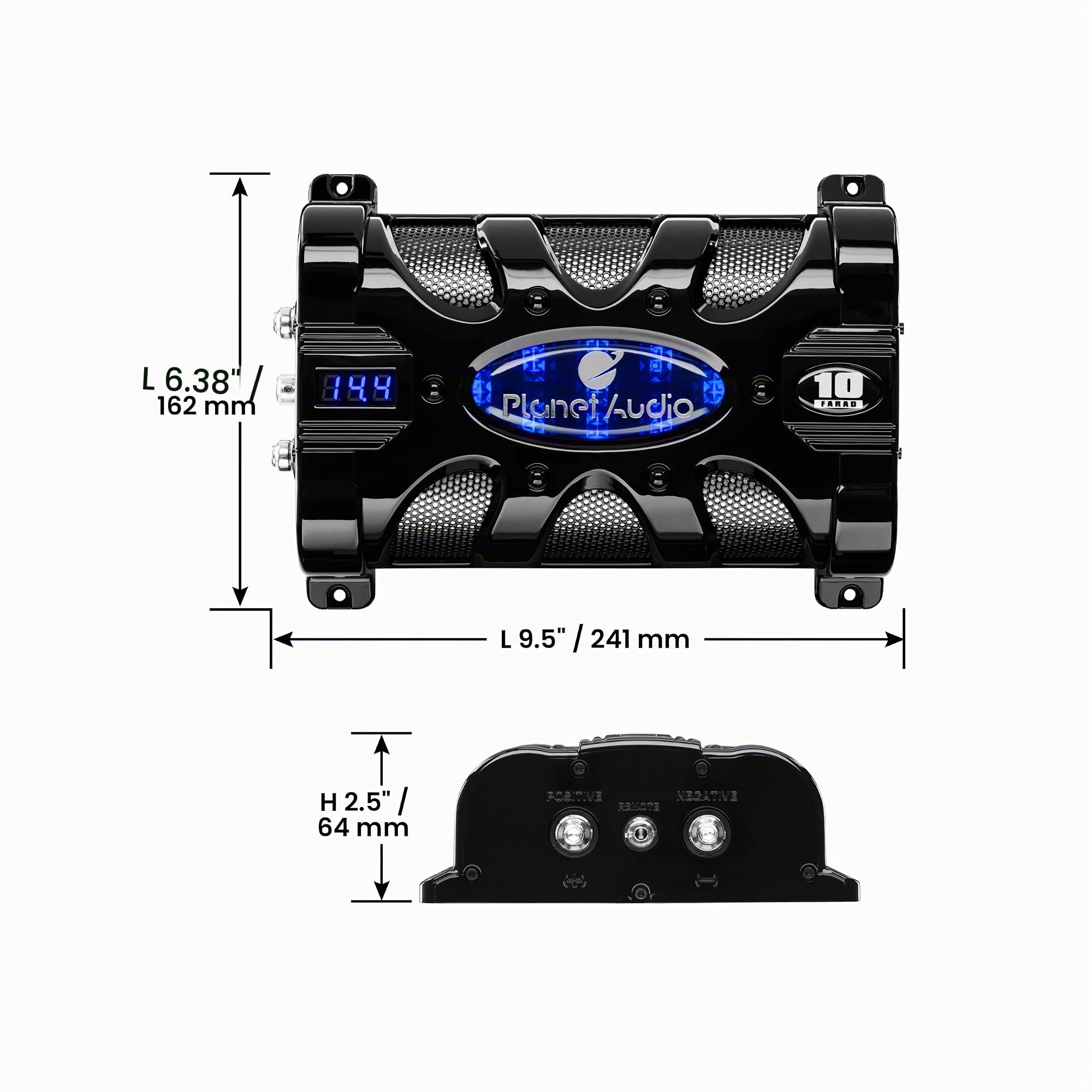 Planet Audio PC10F Condensateur de Voiture – 10 Farad, Stockage d'énergie, amélioration des Basses de la stéréo, tonalités d'avertissement, voltmètre LED