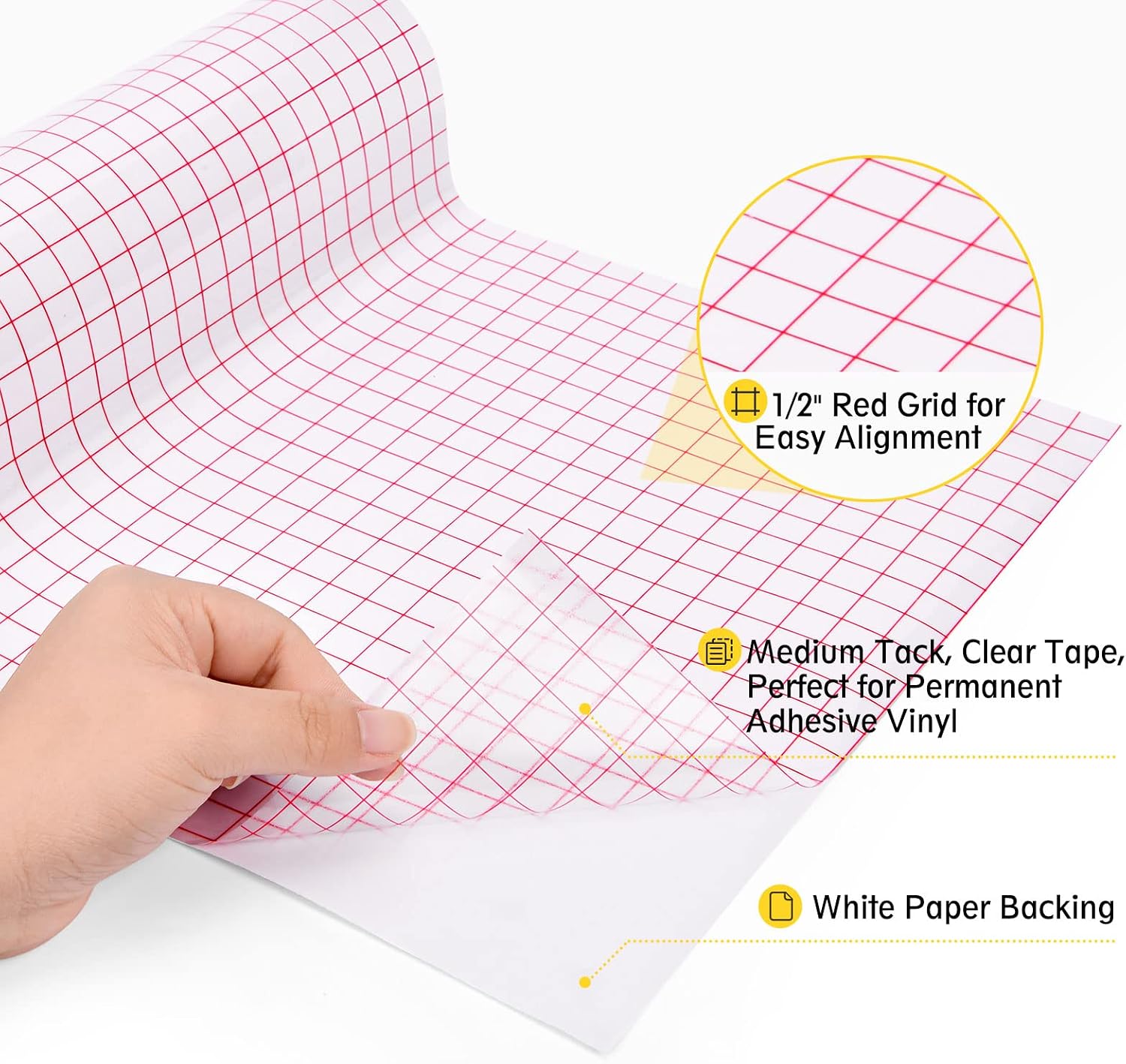 Magicfly Transfer Tape for Vinyl, 12" x 50 FT Clear Transfer Tape Roll Medium Tack with 0.5” Grid for Adhesive Vinyl Perfect Application to Cricut Vinyl Doors Signs Wall Stickers Window Decals