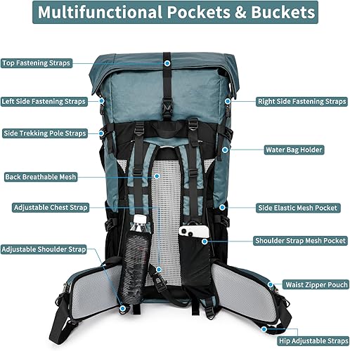Miniatura 5 de Mochila de senderismo, X-PAC mejorada bolsa de senderismo ligera de gran capacidad apta para escalada de montaña y campamento, Gris Verde