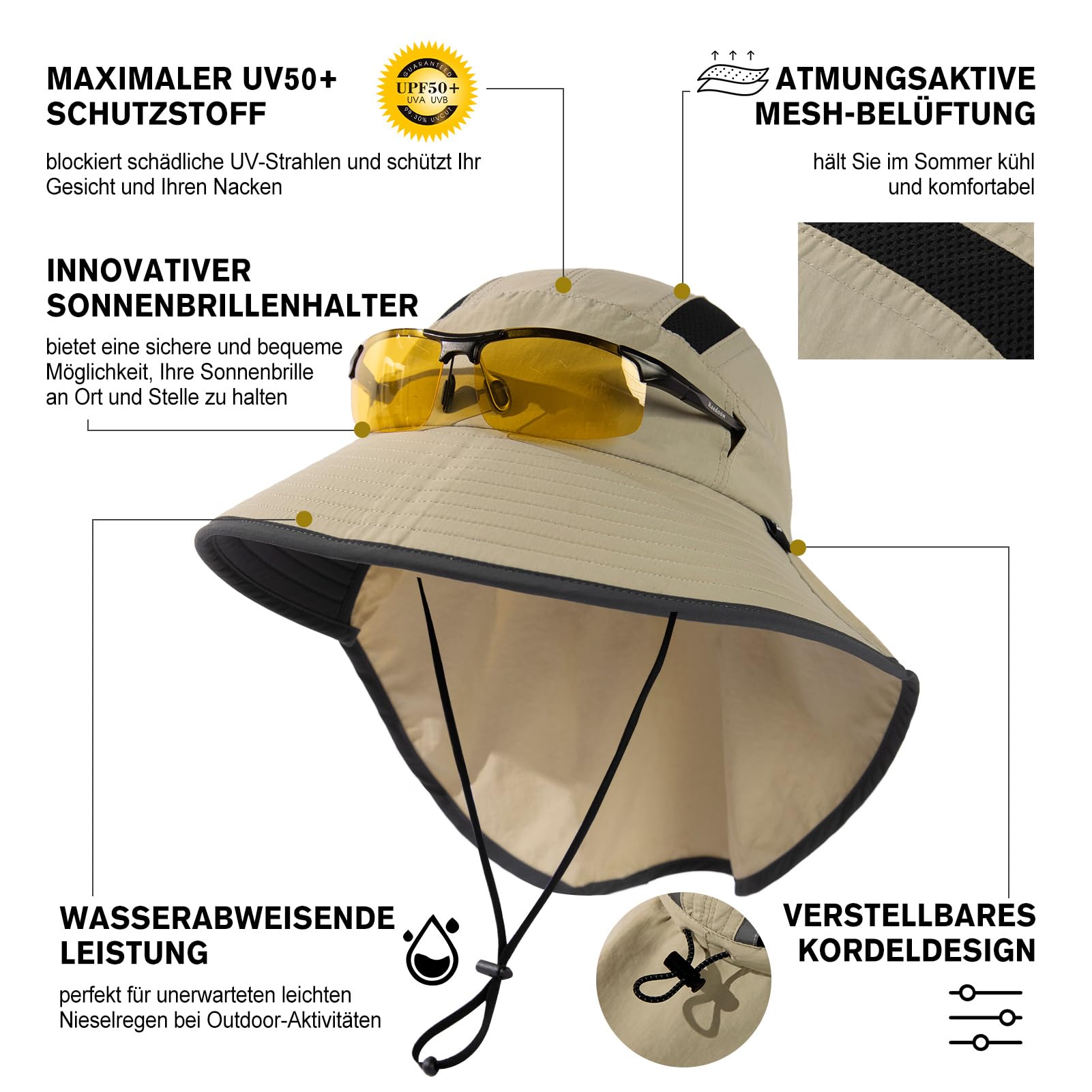 TOP-EX Chapeau de soleil unisexe à large bord pour homme avec protection de la nuque, porte-lunettes de soleil, chapeau d'été pour safari, chapeau d'été imperméable et pliable