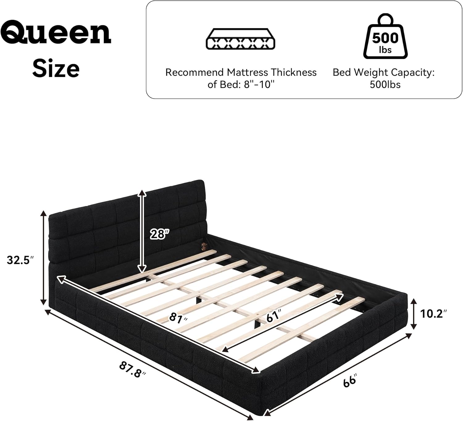 extrasleep Queen Size Cloud Bed Frame with Oversized Headboard, Berber Fleece Upholstered Platform Bed with Solid Wood Frame, Grounded Floor Beds for Bedroom, No Box Spring Required, Noise Free, Black