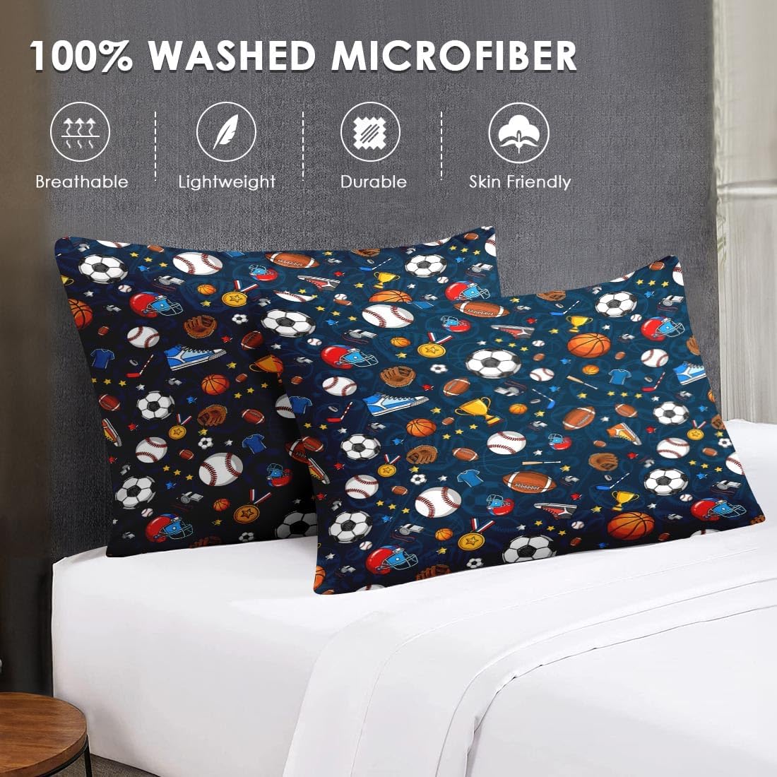 Queen Size Bedroom Comforter Set with 2 Pillowcases, Blue Sports Hat Baseball Basketball Football, Bedding Decor Navy Rugby Ball 3D Soccer Hockey Soft Cozy Bed Set for Kids and Adults