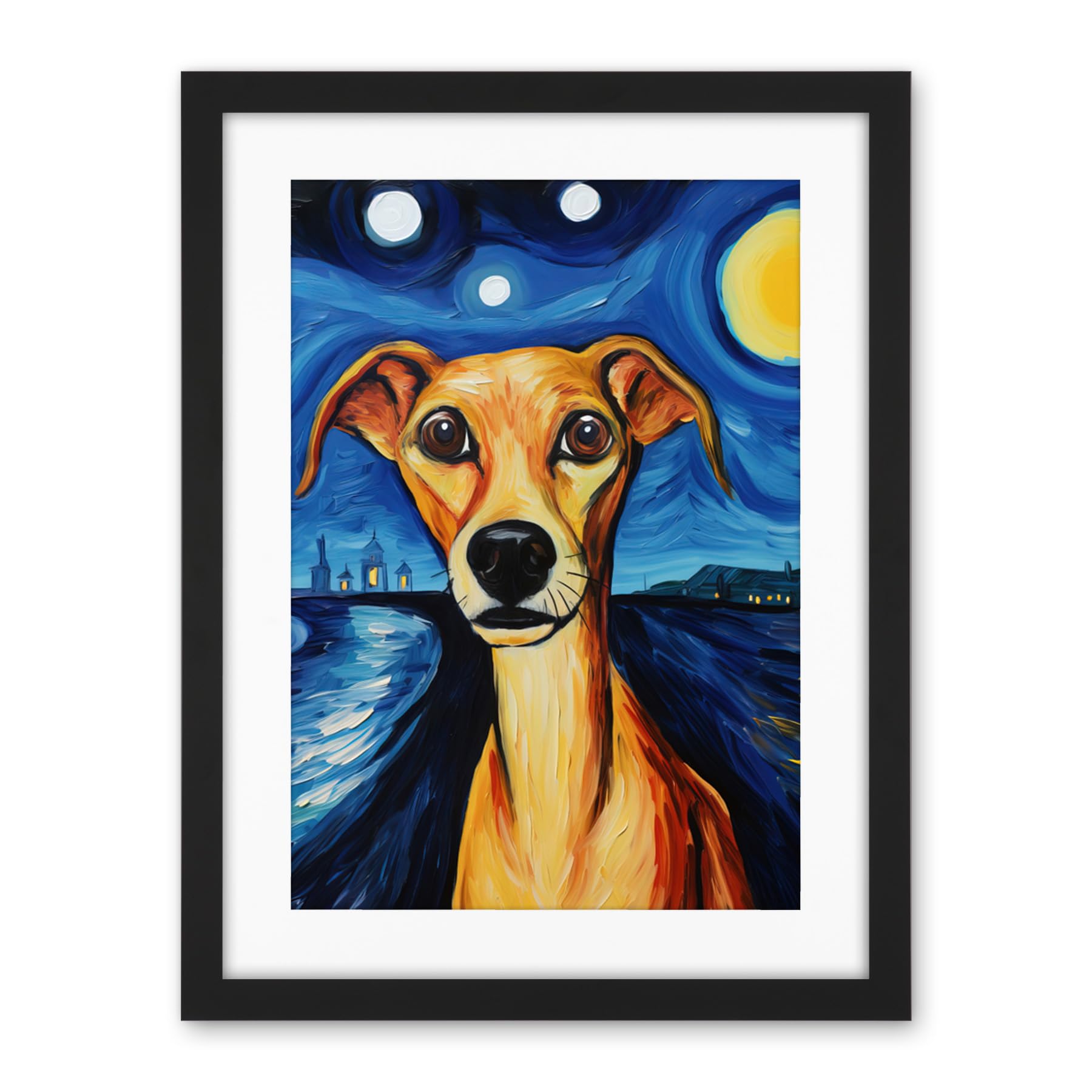 Artery8 Van Goghs Dog Artwork Night Scene Full Moon Blue Brown Yellow Oil Painting Artwork Framed Wall Art Print 18X24 Inch