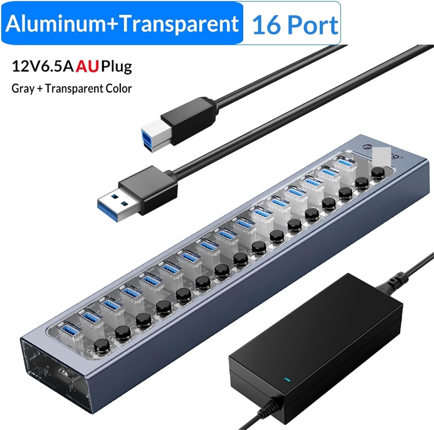 Powered USB Hub Splitter Socket with 7/10/13/16 Ports USB 3.0 Extension with On/Off Switches 12V Power Adapter for PC(16Port AU)