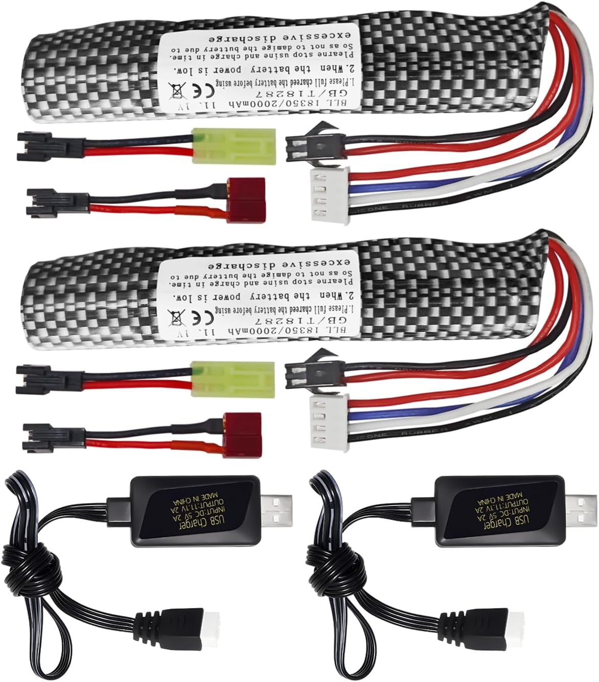 Lot De 2 Batteries Li-Po 11.1V 2000mAh 35C Avec Connecteur SM-2P - Pour Airsoft, Voiture RC, Drone