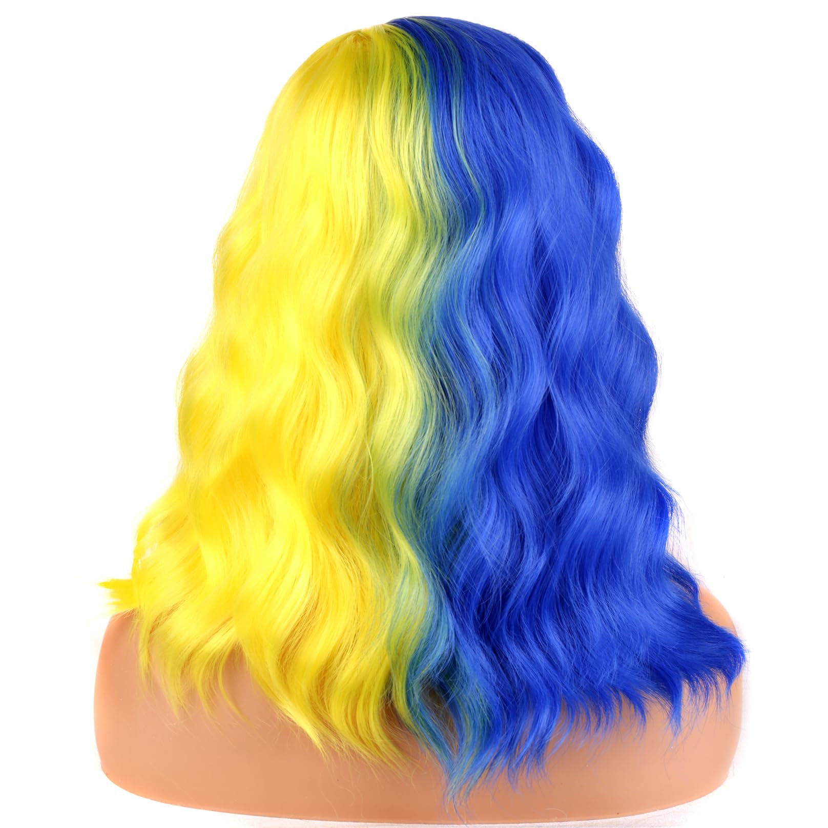 BERON Gelbe und blaue kurze gewellte Perücke für Damen und Mädchen, schulterlang, gelockt, gewellt, zweifarbig, hitzebeständig, synthetisch, Halloween, Kostüm, Cosplay, Alltag, Party