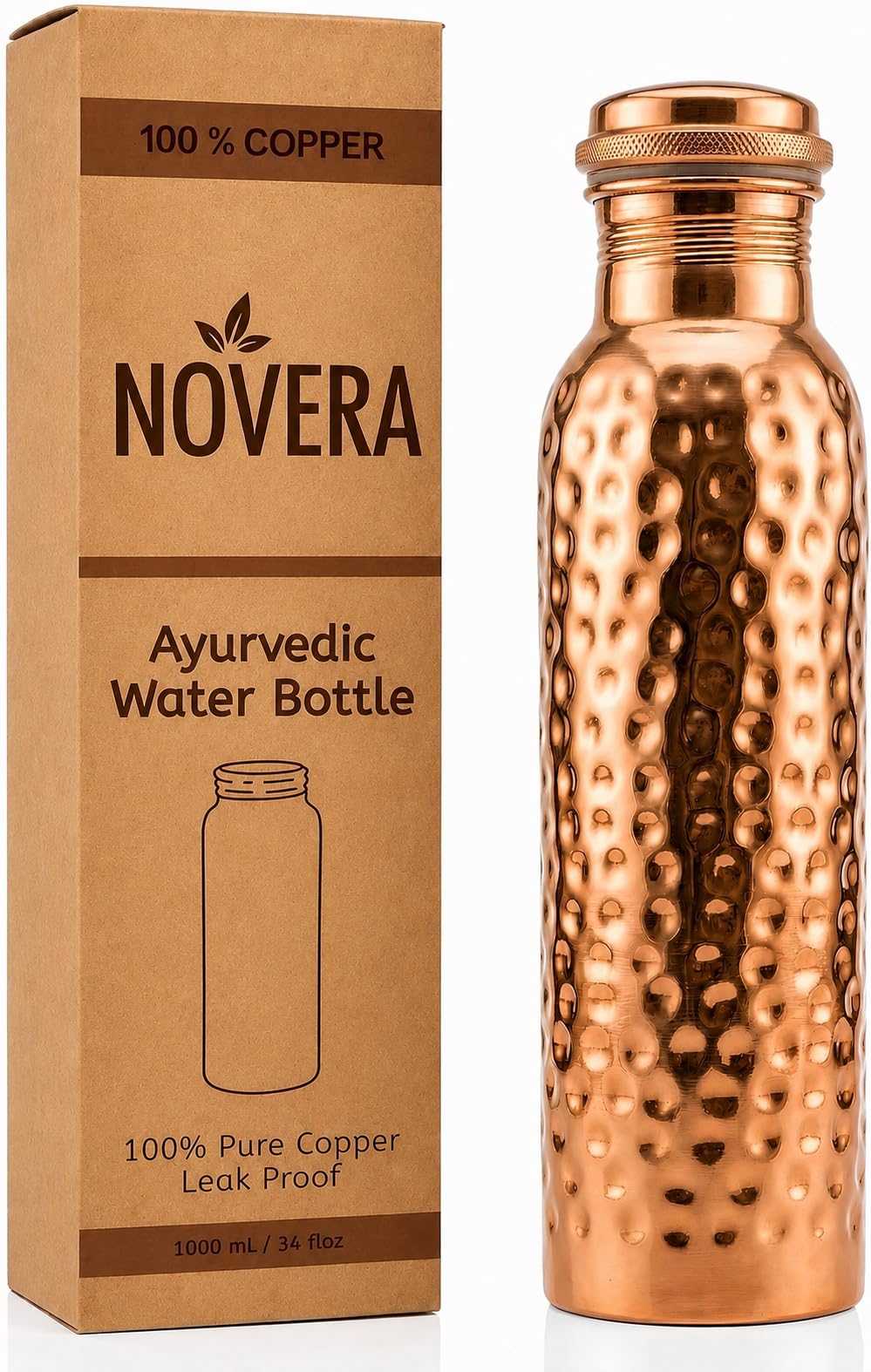 Novera Premium Pure Copper Water Bottle 34oz (1000ml) – Handmade Hammered Ayurvedic Copper Drinking Bottle, Leak-Proof & Heavy-Duty Design