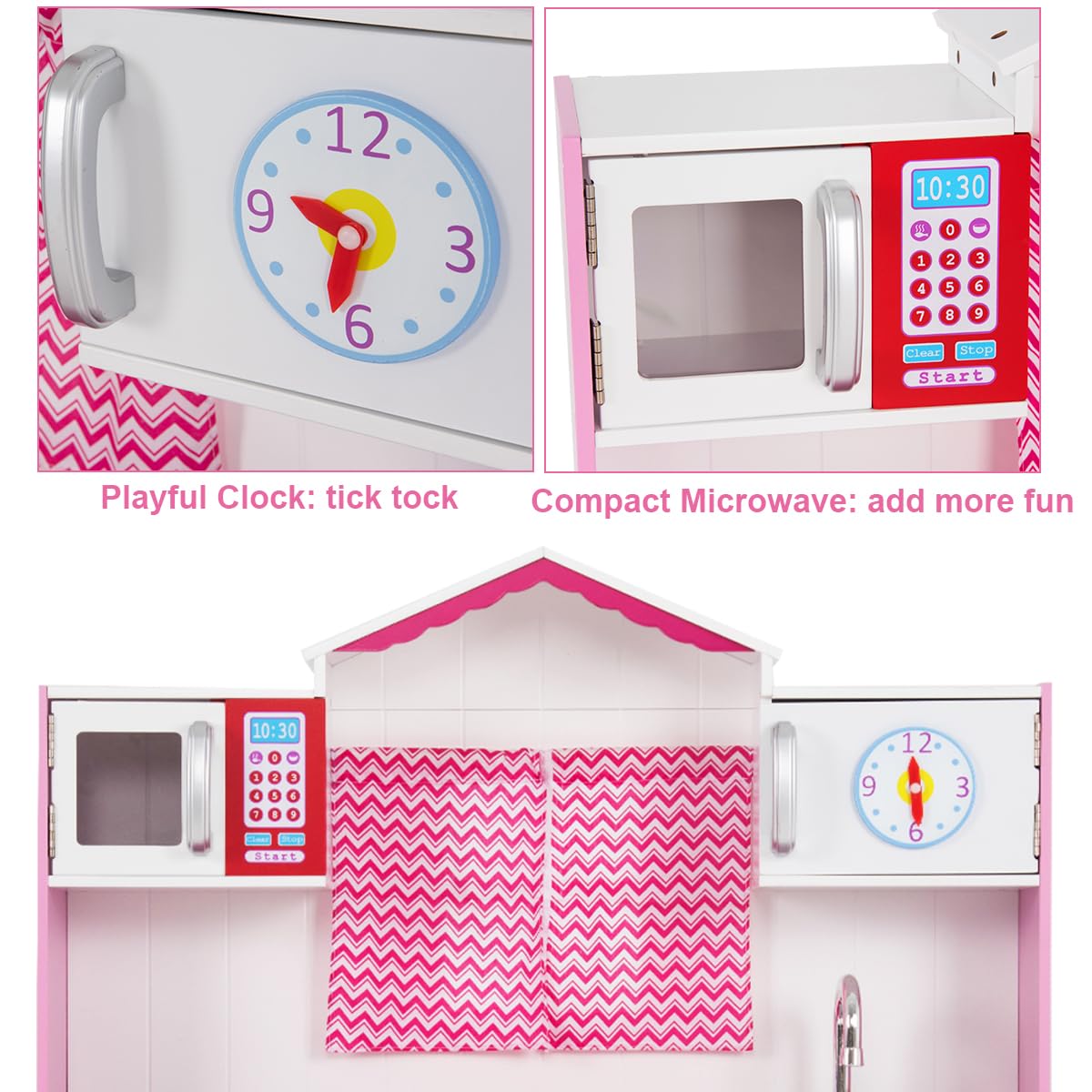 HOMASIS Kinderküche mit Spielzubehör, Kinder Spielküche mit Licht & Sound, Spielzeugküche mit Uhr Spüle Herd Backofen Mikrowelle, Holzküche Küchenspielset für Kinder ab 3 Jahre, Rosa, 82x30x100,5 cm