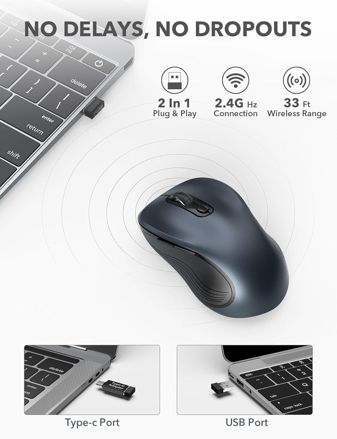 USB receiver connection with USB-A and USB-C adapter