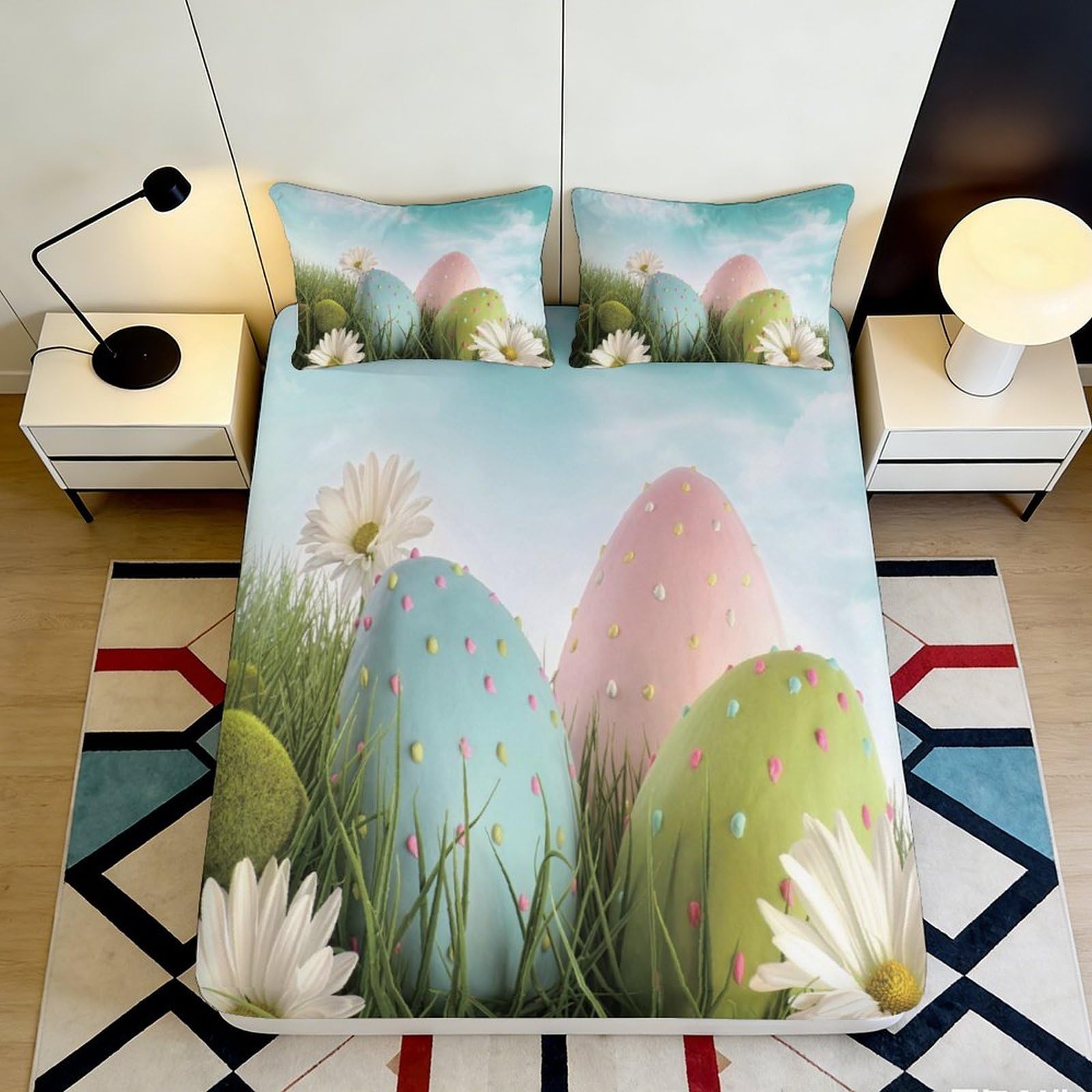 3D Printed Easter Egg Fitted Sheet Microfiber Soft Pastel Meadow Mattress Cover for Bedroom Guest Room Decor 90x200x25cm