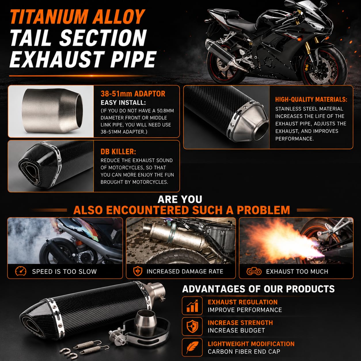 Universal Motorrad Auspuff Schalldämpfer 51mm Edelstahl, Slip-On Endschalldämpfer mit Montagesatz, kompatibel mit FZ6N R1 R3 R6 NMAX TMAX 800