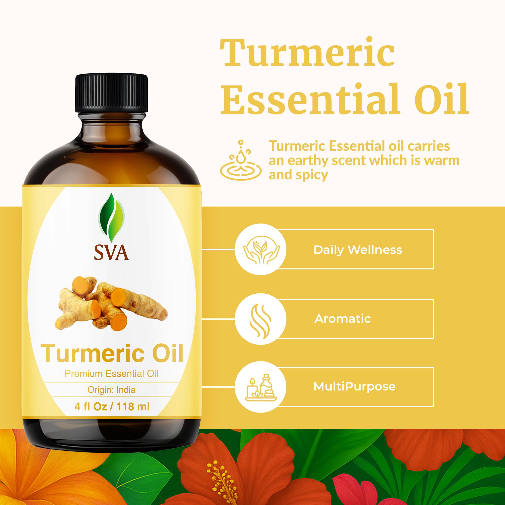 SVA ORGANICS, Olio Essenziale di Curcuma, Aroma Molto Forte, Grado Terapeutico 100% Puro e Naturale, per Massaggio Ayurvedico e Relax, Aromaterapia, Skincare, 4 Fl Oz (Confezione da 1)