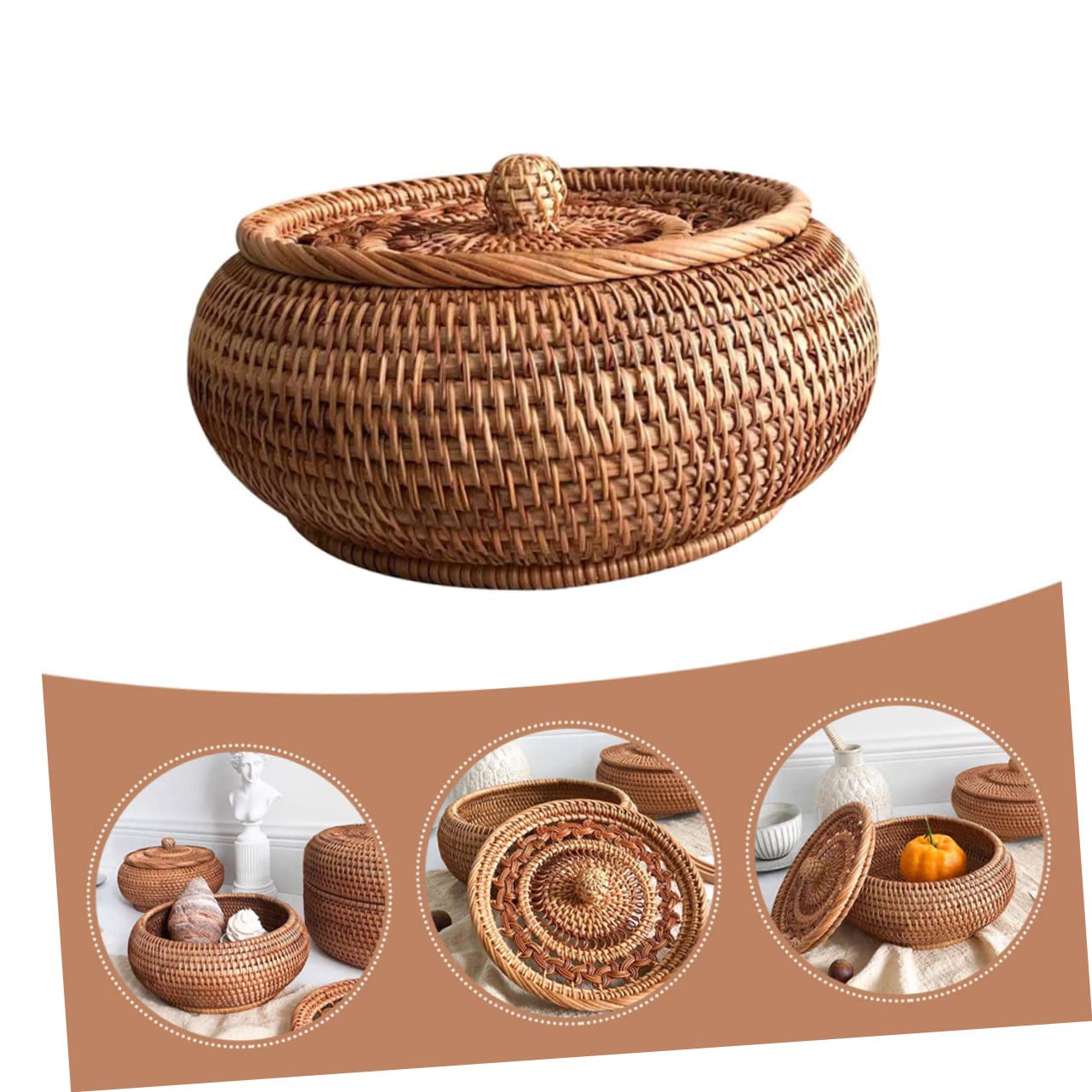 Cestino Porta Dolci in Rattan Intrecciato a Mano Coperchio Ventilato, Robusto e Versatile per Conservazione di Snack e Frutta in Studio o Camera da Letto
