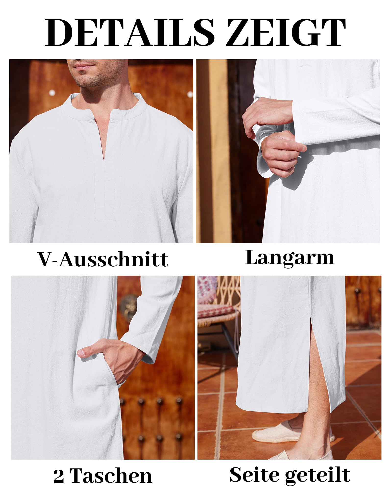 LVCBL Kaftan męski kaftan z długim rękawem, męski, długie Thobe, z kieszeniami, uniwersalny krój, M-3XL