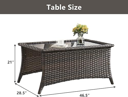 Miniatura 3 de Belord Mesa de centro para exteriores con parte superior de vidrio templado, mimbre marrón rectangular, mesa de centro de ratán tejida a mano