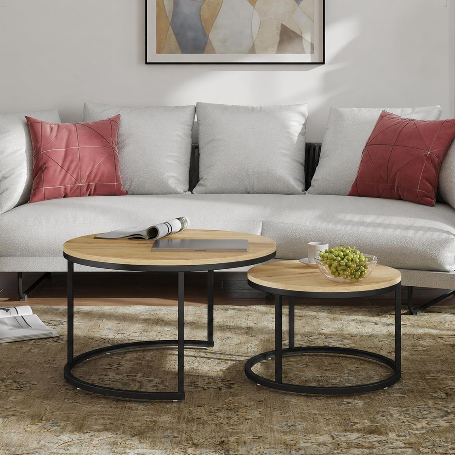 Mesa de Centro Redonda Juego de 2 Mesas Nido 70/50 cm con Tablero Madera y Estructura Metálica Negra, Mesa Auxiliar Moderna para Salón