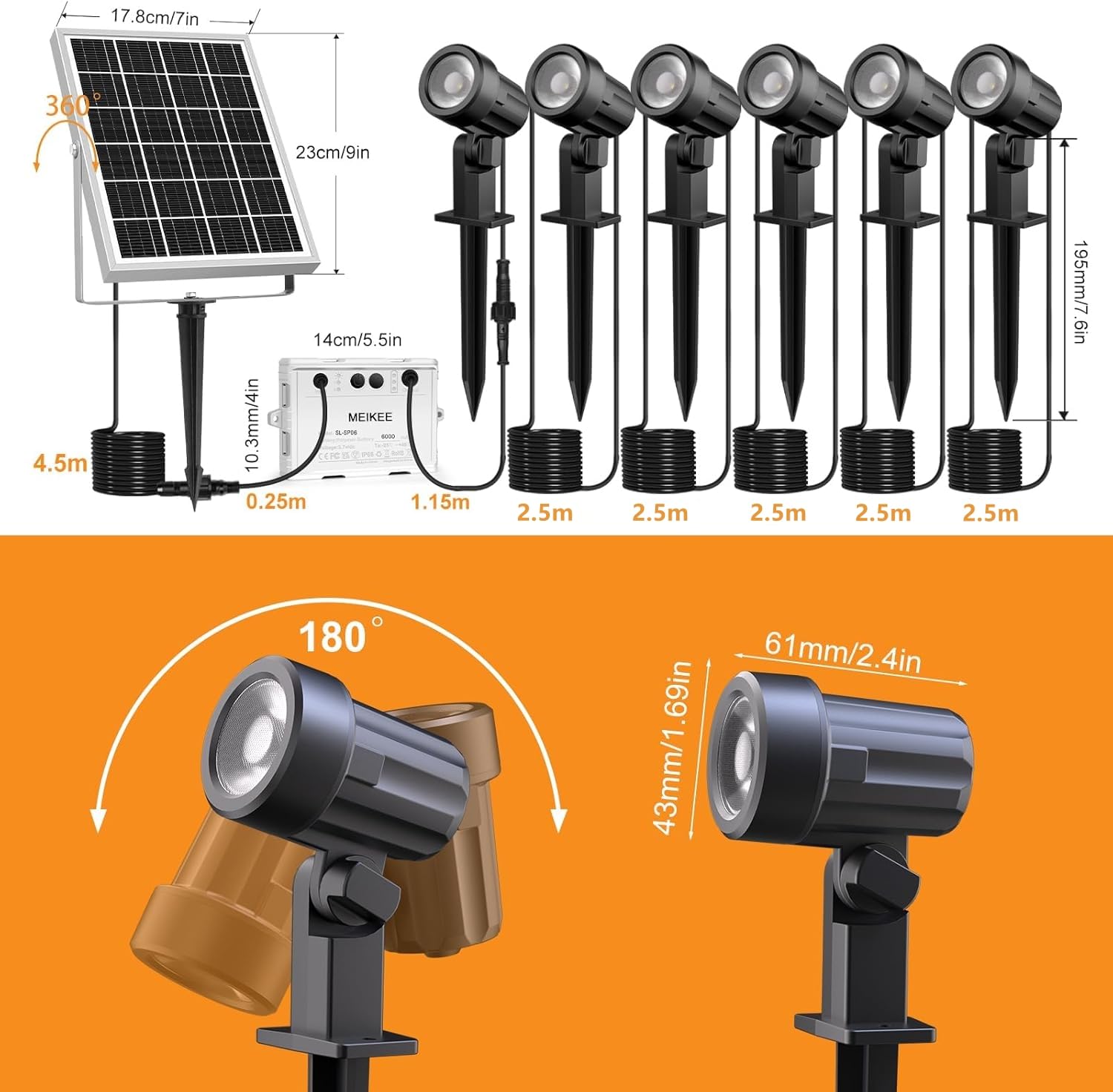 MEIKEE Faretti Solari Esterno, 6 in 1 Faretto Solare LED da Esterno Impermeabili IP66, 6W 6000mAh Luci Solari con Telecomando 2500K-6500K Dimmerabile 3 Luminosità 3 Modalità per Patio Prato Giardino