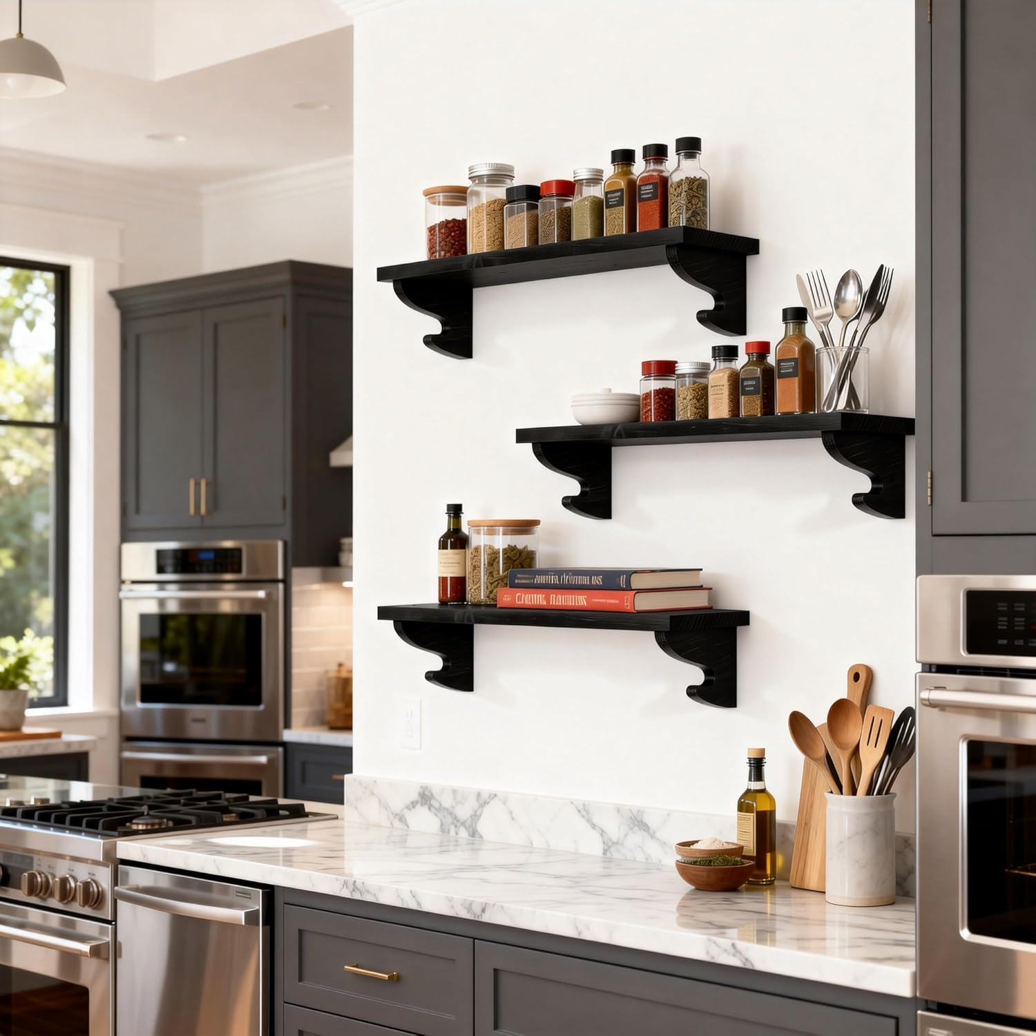 Alsonerbay Black Floating Shelves for Wall 3 Pack, 17 inch Solid Wood Shelves Wall Mount with Hook, Decorative Hanging Shelves for Bedroom Living Room Nursery Office and More