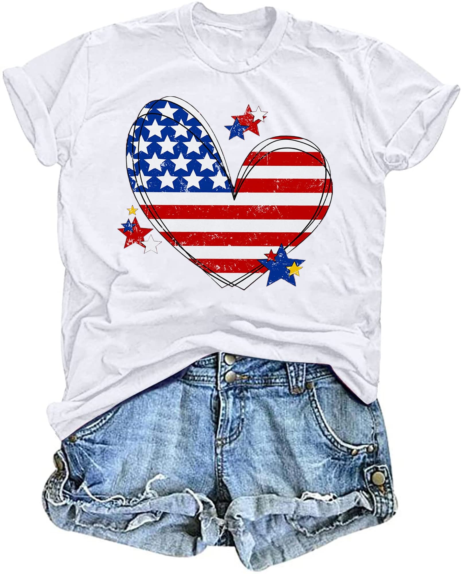 VVNTY American Flag Heart Shirt Women Patriotic T-Shirt 4th of July Graphic Tees Shirts USA Flag Star Stripe Tops
