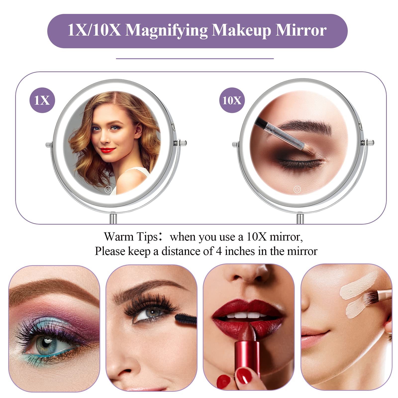 Espejo de maquillaje con luces y aumento, brillo ajustable de 8 pulgadas, aumento 1X/10X, rotación LED de 360°, espejo de tocador para mujer