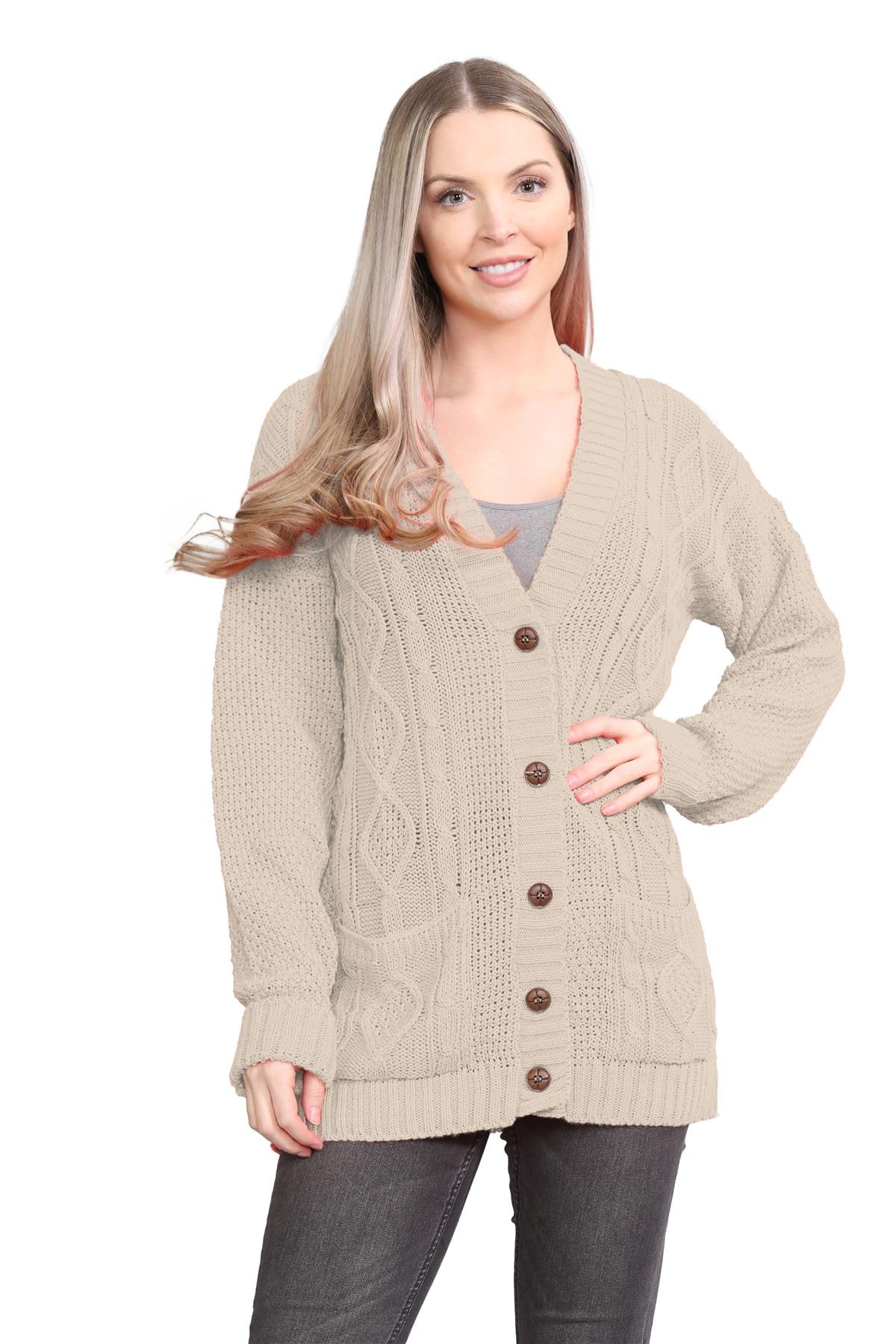 Janisramone Women's Stone Janisramone® Long Sleeve Chunky Cardigans For Uk, V Neck Button Up Cable Knit Cardigans, Warm Winter Long Jumpers Top For Casual And Daily Knitwear Cardigan